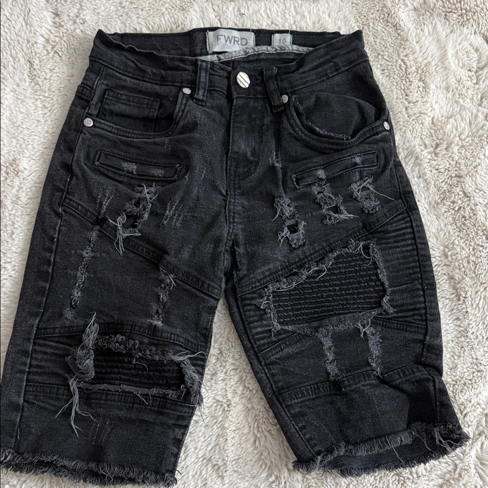 BOYS FWRD Distressed Black Denim Biker Shorts-Size 10